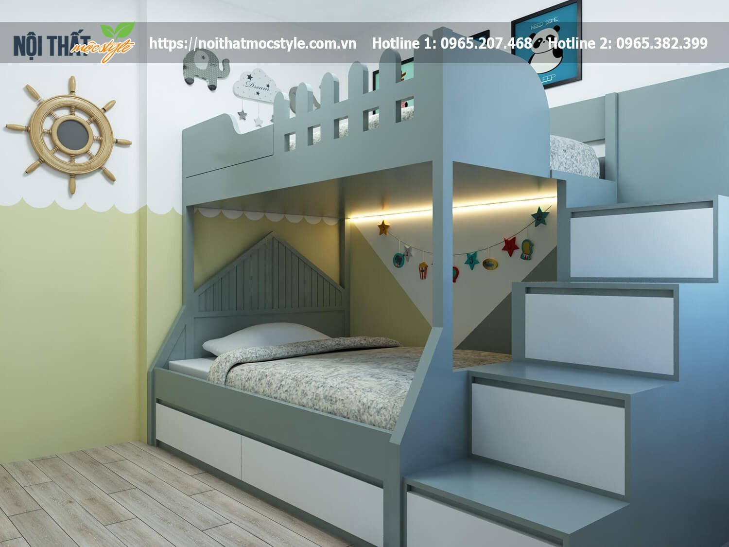 Giường tầng xanh mint nhẹ nhàng cho bé, để bé tự tin ngủ riêng