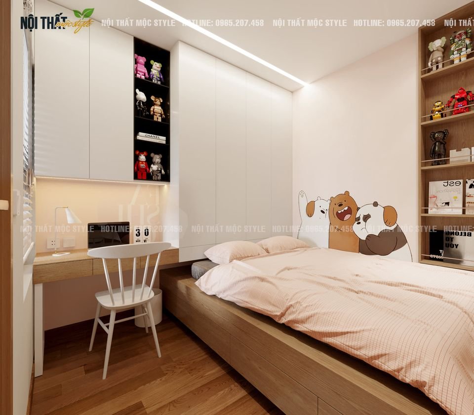 Hệ thống đồ nội thất công năng được bày trí liền mạch và sát góc phòng tạo lối đi lớn trong phòng ngủ nhỏ