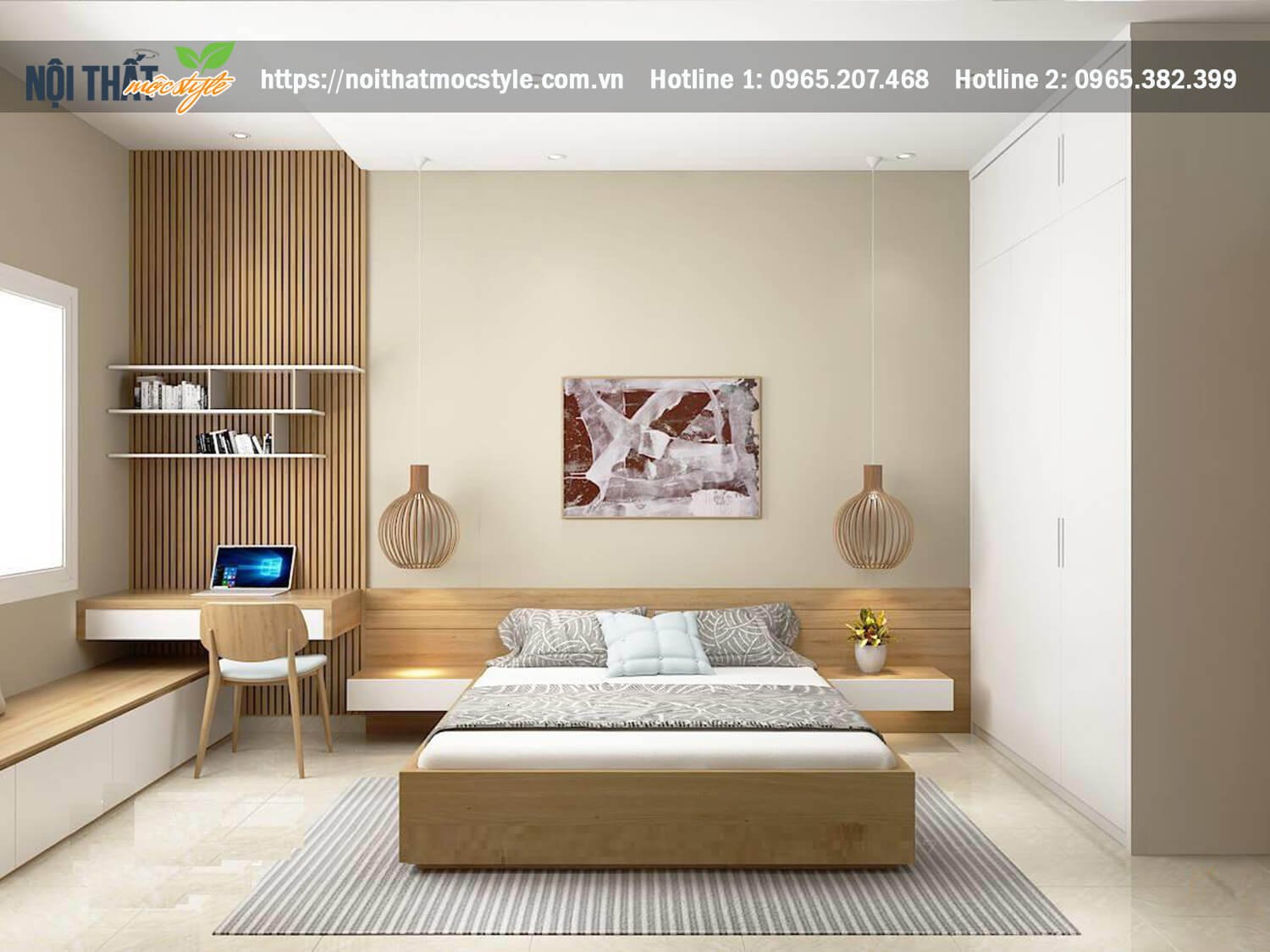 Mẫu thiết kế nội thất đẹp hiện đại với tiêu điểm chính là giường ngủ liền tap đầu giường