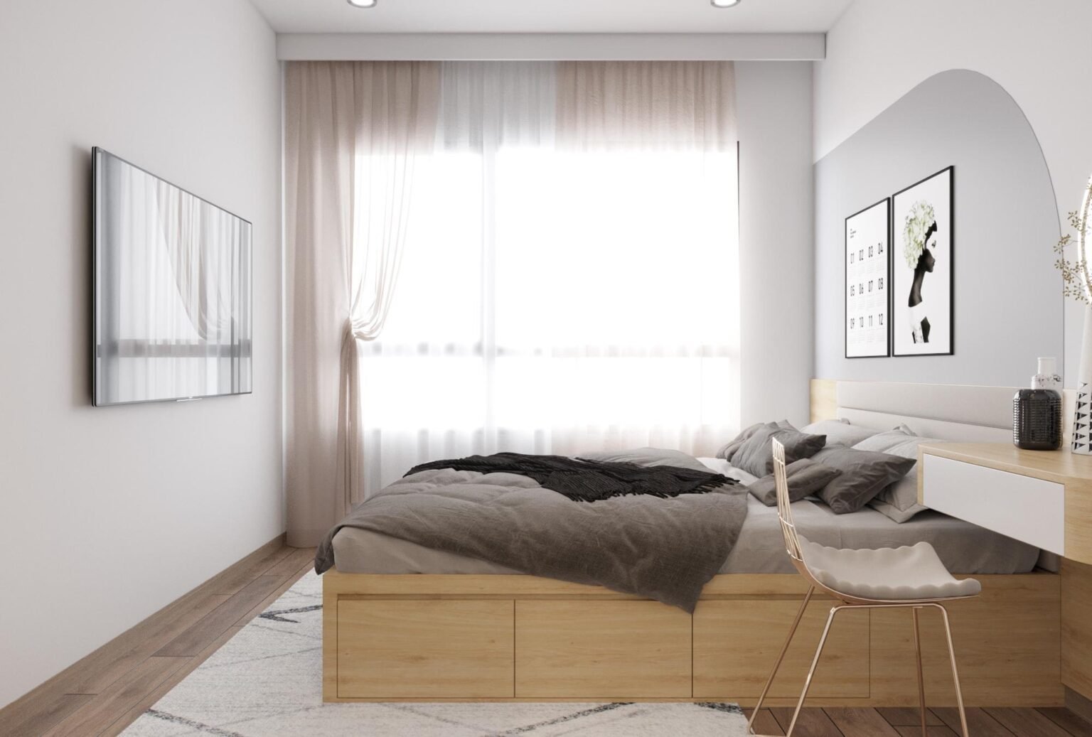 Phòng ngủ nhỏ càng trở nên trang nhã và lãng mạng với hệ thống rèm cửa hai lớp cực tinh tế