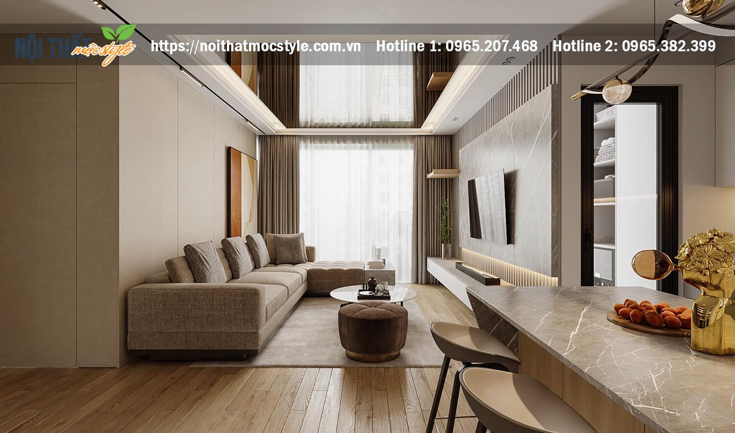 Thiết kế nội thất chung cư với phong cách hiện đại với tông màu ghi sáng trầm ấm và sang xịn
