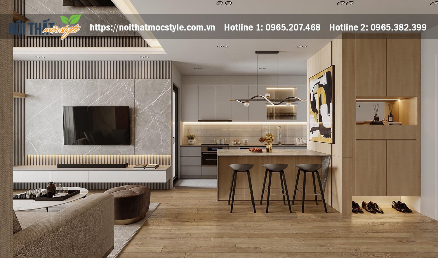 Không gian thiết kế nội thất phòng khách được thiết kế theo lối không gian mở cực hiện đại và tối ưu