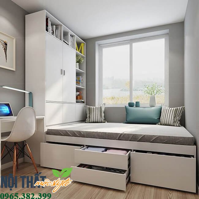 combo nội thất phòng ngủ có diện tích nhỏ phát huy tối đa lợi thế với thiết kế giường bục với tủ quần áo