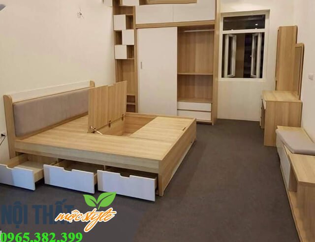 Combo nội thất phòng ngủ gỗ công nghiệp với đầy đủ kết hợp kệ tivi thống nhất. 