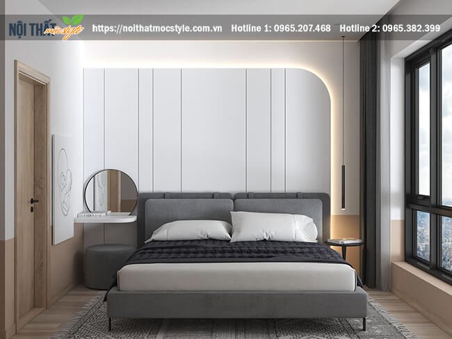 Ngoài giường ngủ gỗ công nghiệp thì hệ đén lép lắp bức tường đầu giường tạo thêm sự tinh tế 
