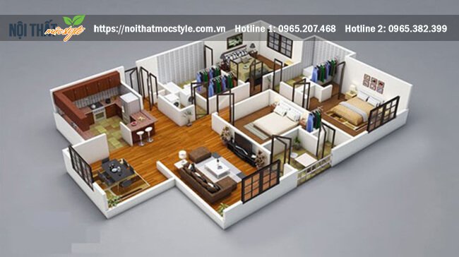 Mẫu thiết kế nội thất chung cư với không gian sinh hoạt chung là phòng khách rộng lớn 