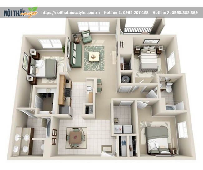 Không gian nội thất chung cư với 3 phòng ngủ kết hợp với 3 khu nhà vệ sinh rất tiện lợi