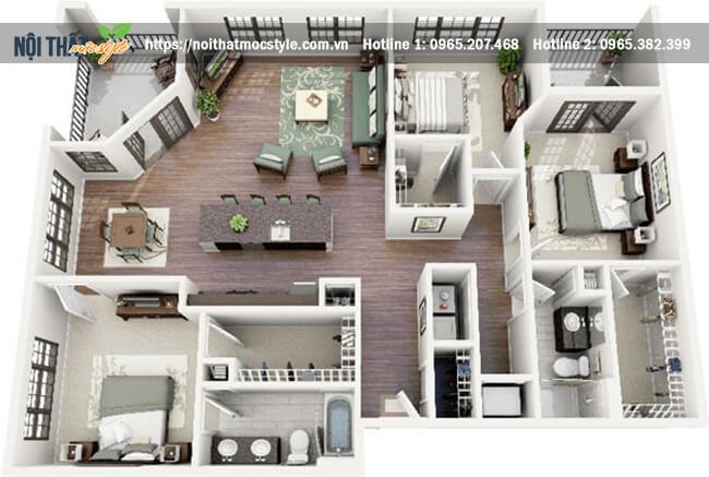 Mẫu thiết kế nội thất chung cư không gian rộng rãi với 2 phòng ngủ rộng lớn