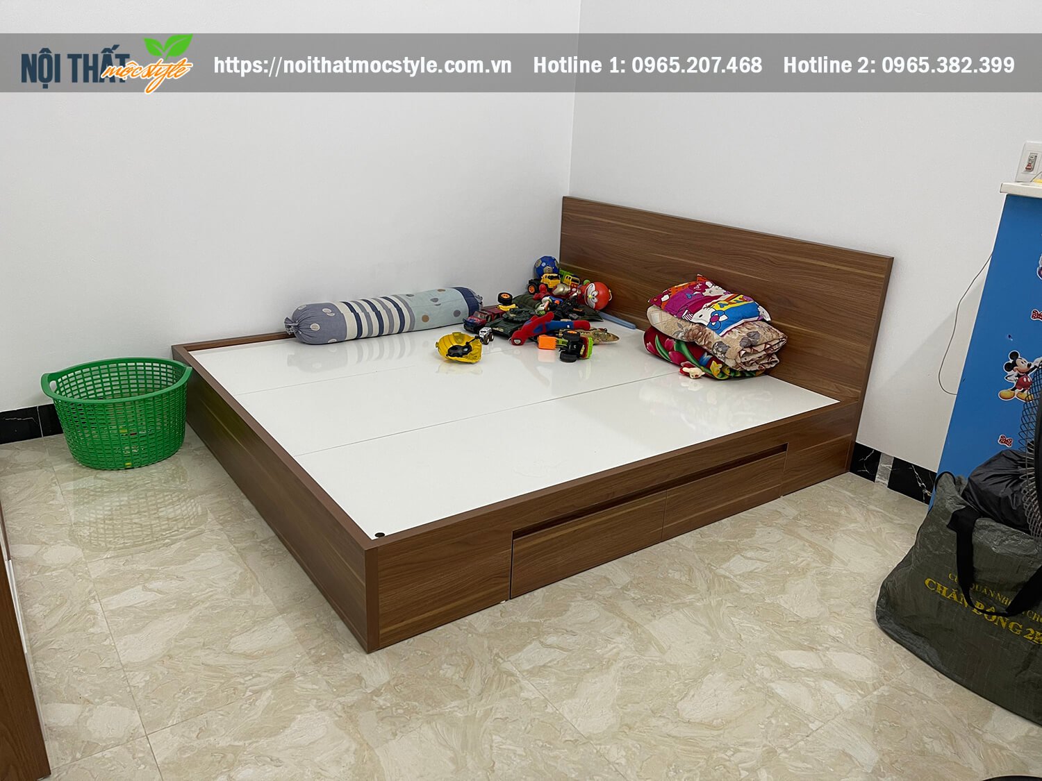 Giường ngủ gỗ công nghiệp với thiết kế hai ngăn kéo tạo không gian cất chứa đồ thuận tiện Giường ngủ gỗ công nghiệp với thiết kế hai ngăn kéo tạo không gian cất chứa đồ thuận tiện