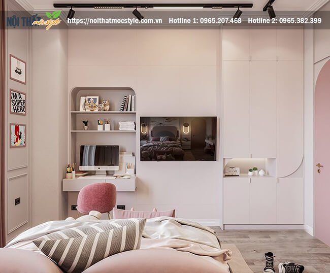 Không gian phòng ngủ màu hồng pastel đơn giản và đầy đủ tiện nghi 