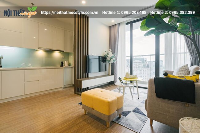 Gian bếp nhỏ bày trí kết hợp không gian phòng khách tạo không gian mở liền thông Gian bếp nhỏ bày trí kết hợp không gian phòng khách tạo không gian mở liền thông