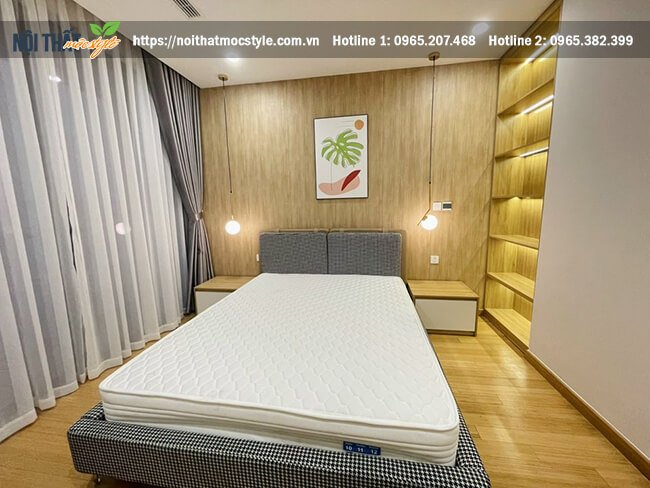 Giường ngủ bọc nỉ hiện đại, kết hợp kệ tap tạo không gian cất chứa đồ thoái mái