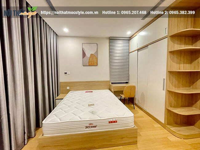 Không gian nội thất phòng ngủ làm gỗ công nghiệp hiện đại, đầy đủ công năng sử dụng