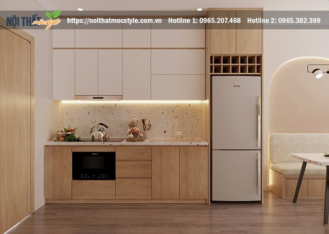 Gian bếp nhỏ xinh ở được bày trí ở khu vực cửa ra vào, hệ tủ bếp hình chữ I Gian bếp nhỏ xinh ở được bày trí ở khu vực cửa ra vào, hệ tủ bếp hình chữ I