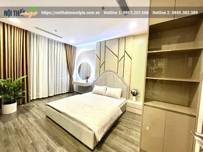 Gian phòng ngủ hiện đại mang tông màu với giường ngủ bọc nỉ cực sang trọng và êm ái