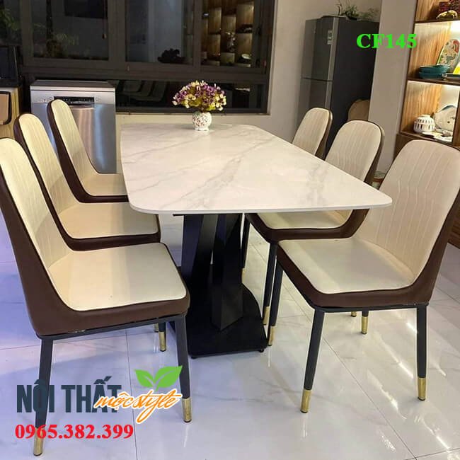 Bộ bàn ăn 6 ghế Monet CF145 nâu kem và bàn X mặt đá ceramic trắng bóng cao cấp