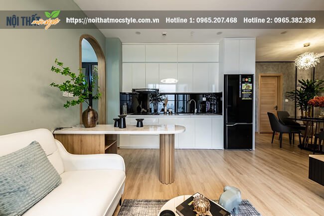 Không gian nội thất phòng khách hiện đại với hệ bếp có thiết kế đơn giản và trẻ trung
