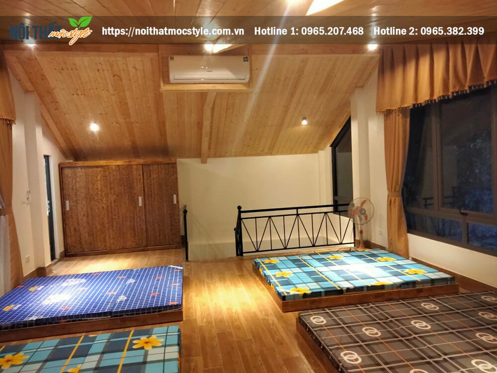 Toàn bộ không gian nội thất đều làm bằng chất liệu gỗ tự nhiên