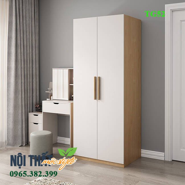 Tủ gỗ 2 cánh nhỏ gọn, đơn giản giúp tiết kiệm không gian. Tủ quần áo TG52 với 2 cánh nhỏ gọn, đơn giản giúp tiết kiệm không gian.