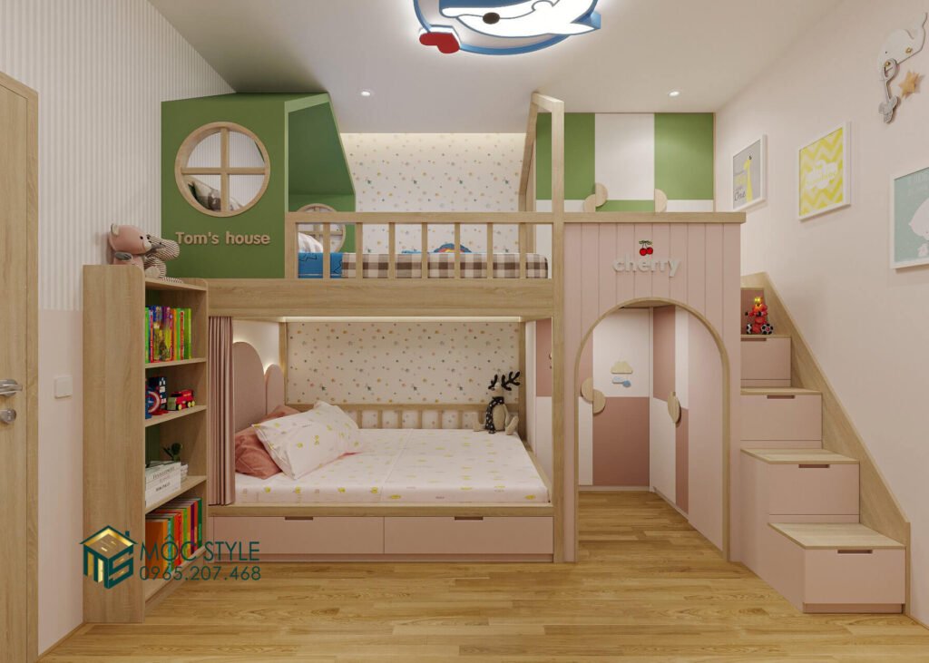 Giường tầng của 2 bé với thiết kế vừa xinh xắn vừa năng động