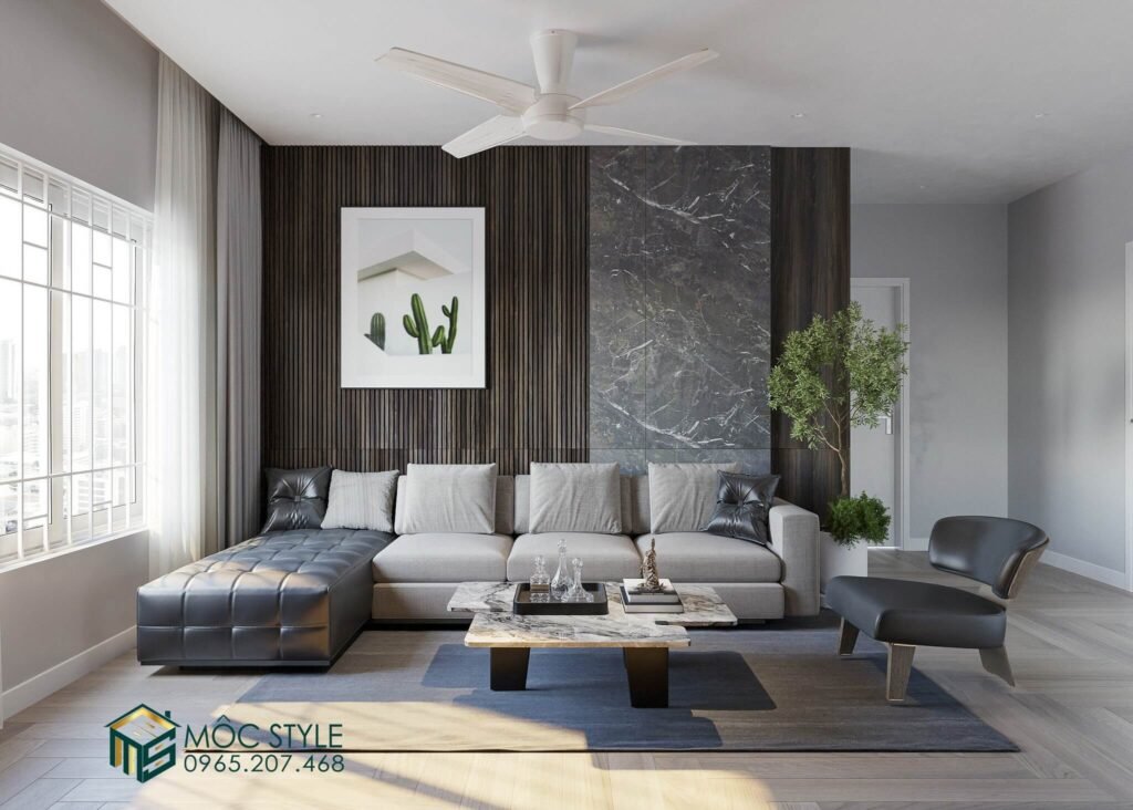 Không gian phòng khách với tông màu ghi xám vừa hiện đại lại sang trọng