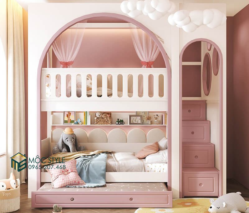 Mẫu giường với tone màu hồng ngọt ngào cho bé gái Mẫu giường với tone màu hồng ngọt ngào cho bé gái