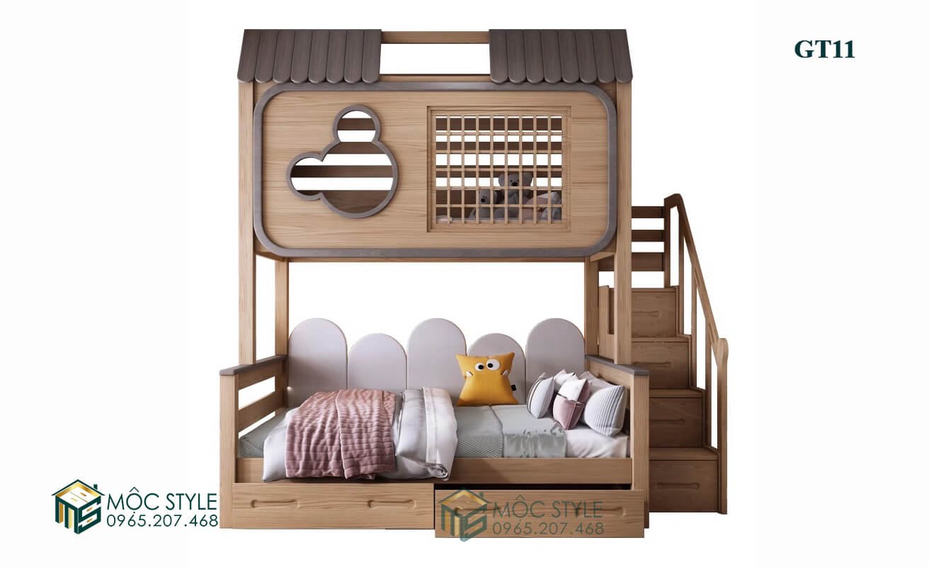 Chiếc giường tầng được làm từ gỗ sồi vô cùng chắc chắn và an toàn