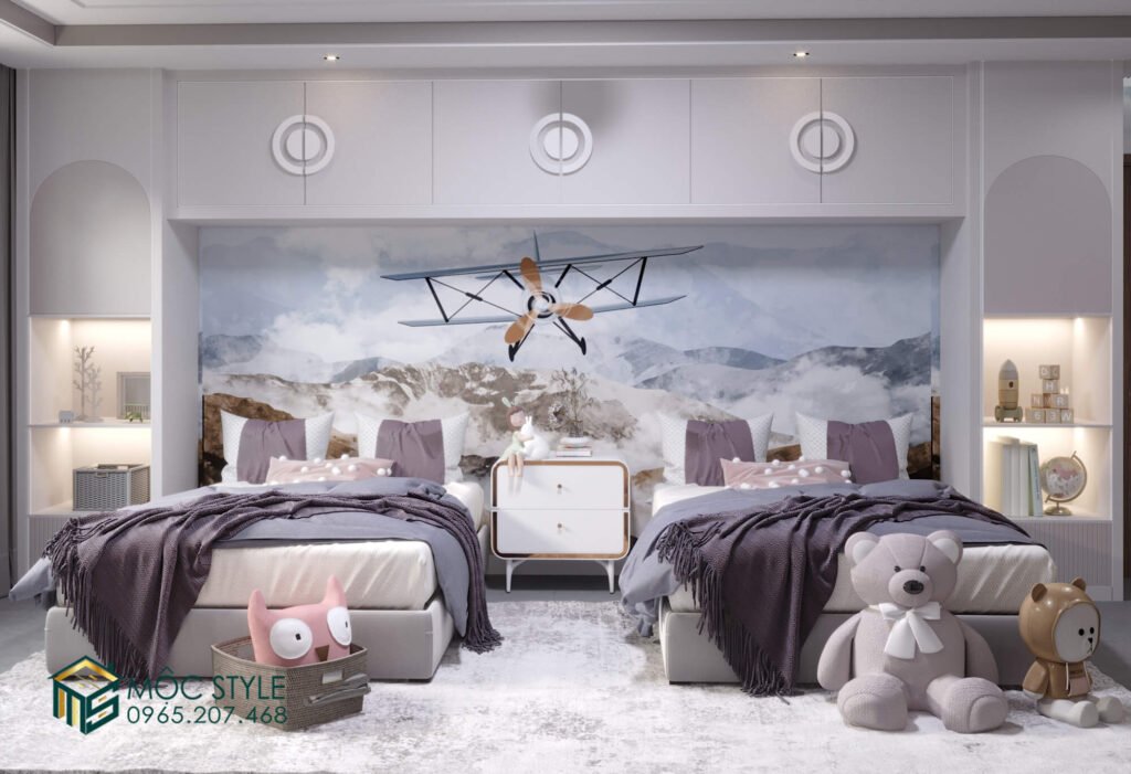 Không gian nội thất phòng ngủ 2 bé tone màu tím hiện đại