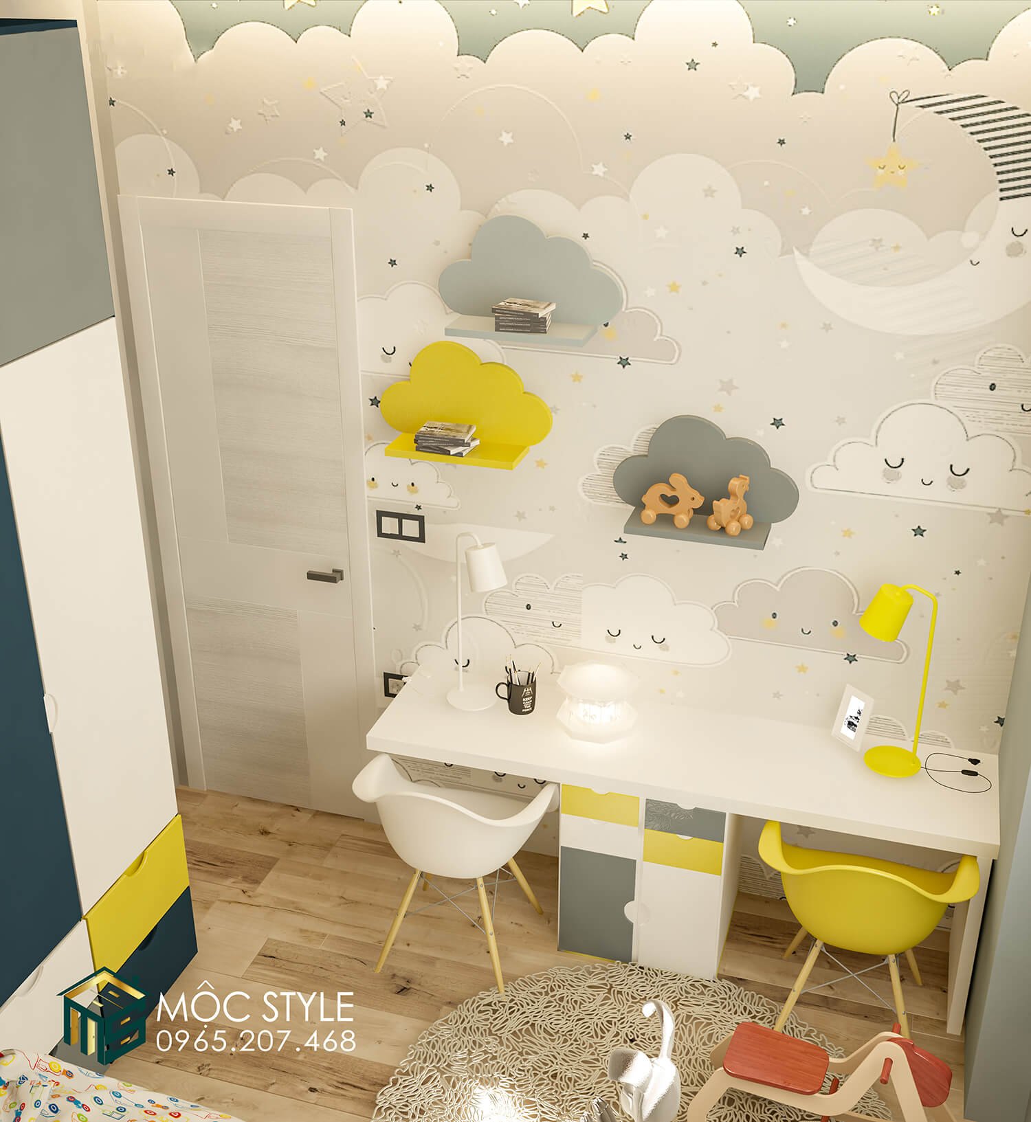 Góc học tập nhỏ với đợt giá sách treo tường kiểu dáng độc đáo Góc học tập nhỏ với đợt giá sách treo tường kiểu dáng độc đáo