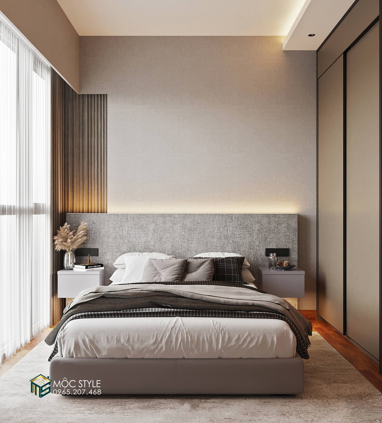Phòng ngủ của bố mẹ với cửa sổ và tủ quần áo lớn kịch trần Phòng ngủ của bố mẹ với cửa sổ và tủ quần áo lớn kịch trần