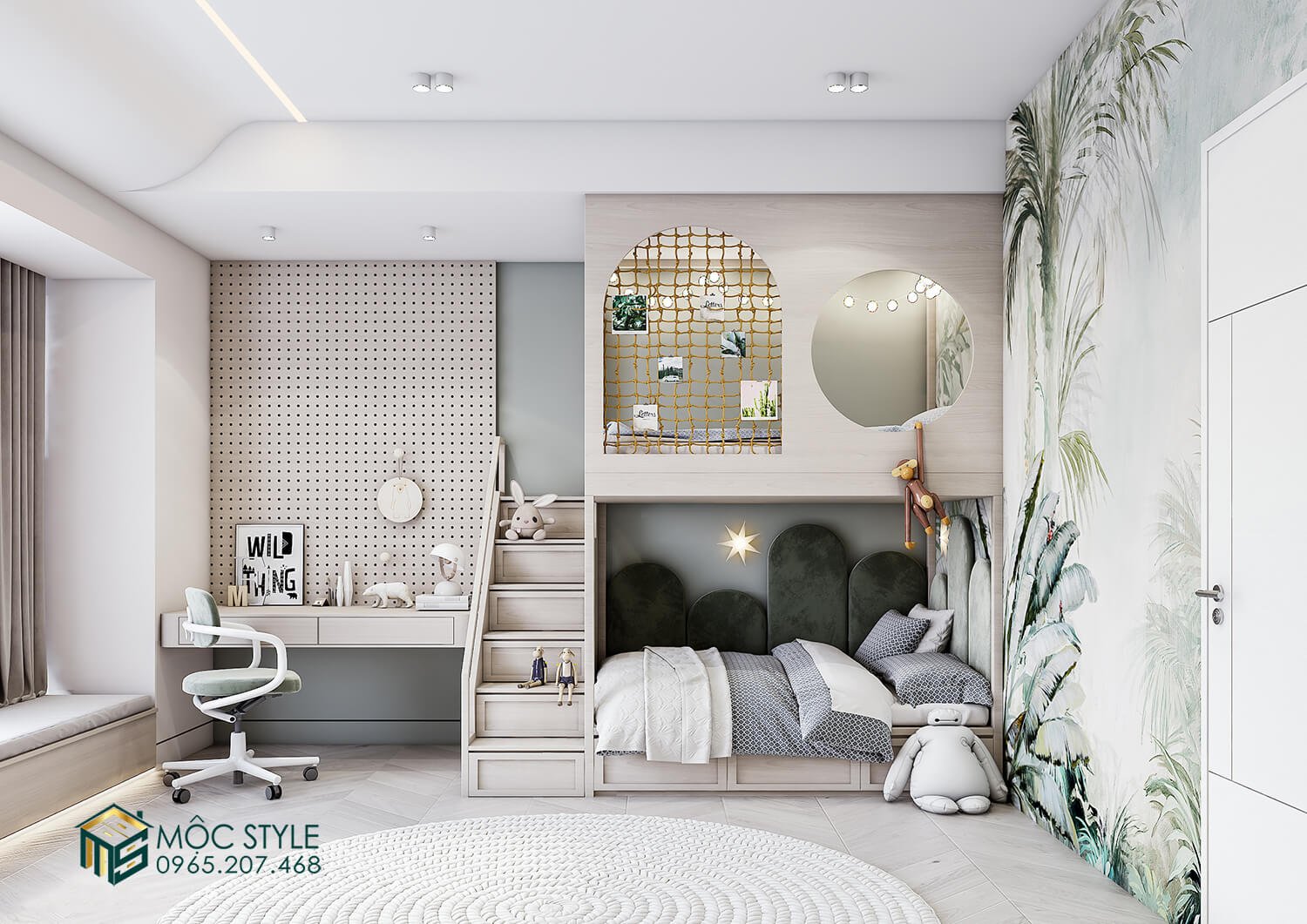 Phòng ngủ 2 bé với giường tầng được thiết kế theo phong cách tropical