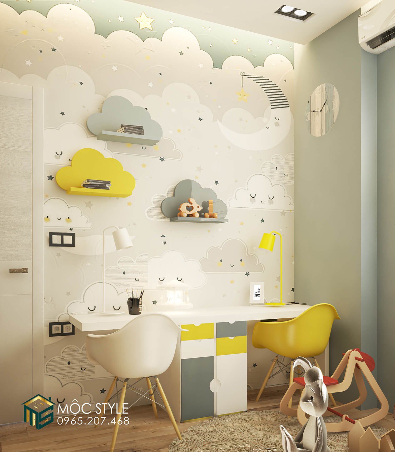 Tường được trang trí với nhiều hình vẽ đáng yêu Tường được trang trí với nhiều hình vẽ đáng yêu