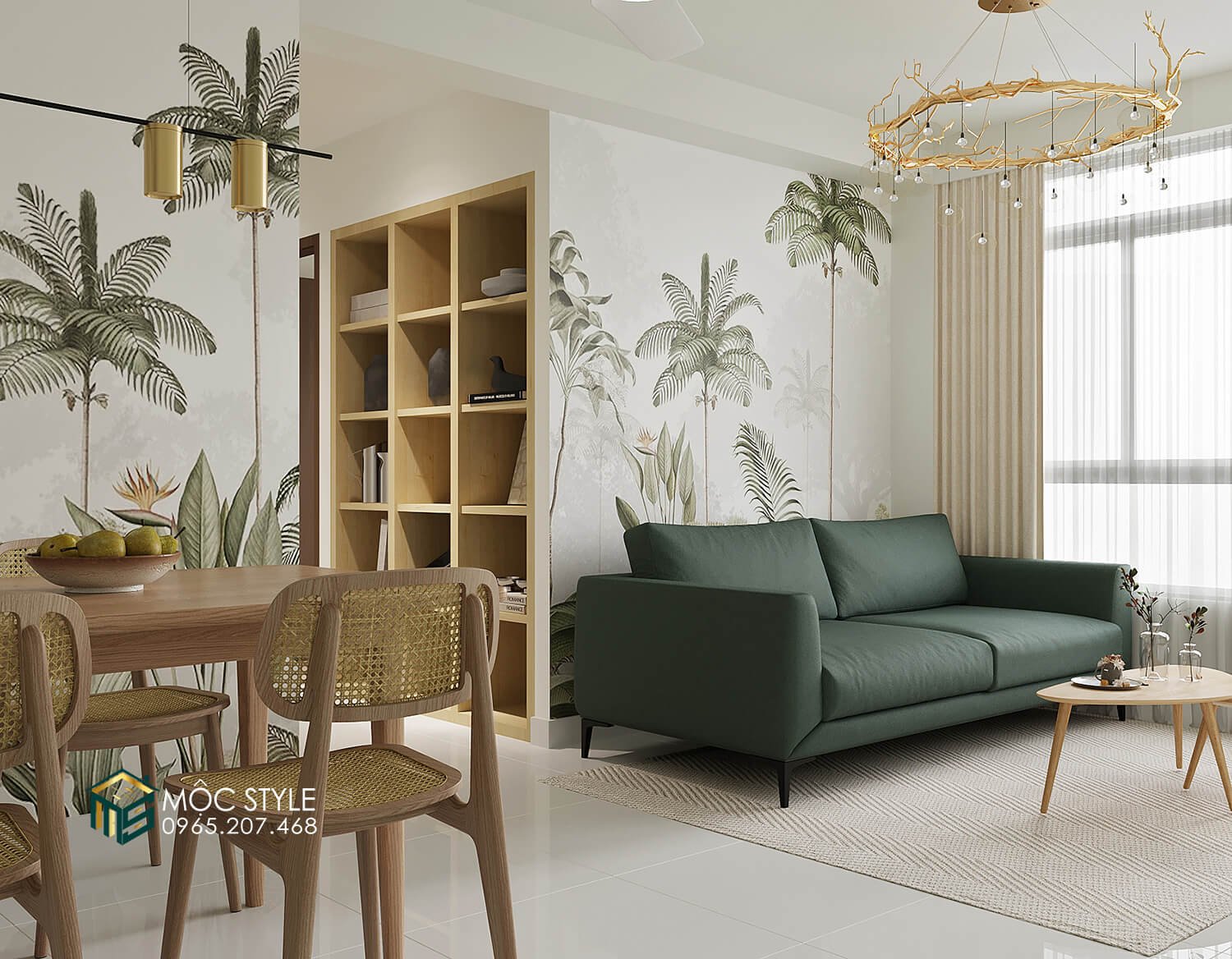 Tường phòng khách được trang trí họa tiết cây cối nổi bật Tường phòng khách được trang trí họa tiết cây cối nổi bật
