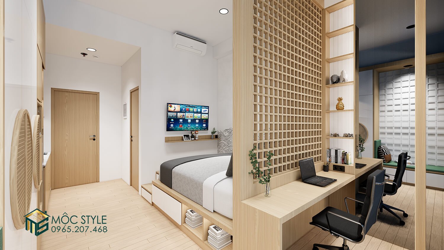 Giường ngủ và không gian làm việc ngăn cách bởi tấm vách mang vẻ đẹp đặc trưng của Japandi Giường ngủ và không gian làm việc ngăn cách bởi tấm vách mang vẻ đẹp đặc trưng của Japandi