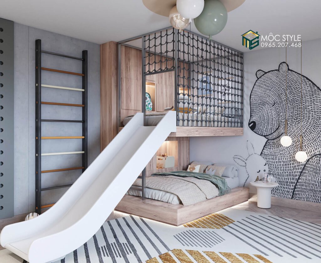 Giường tầng phòng trẻ em kết hợp với cầu trượt hiện đại cho bé
