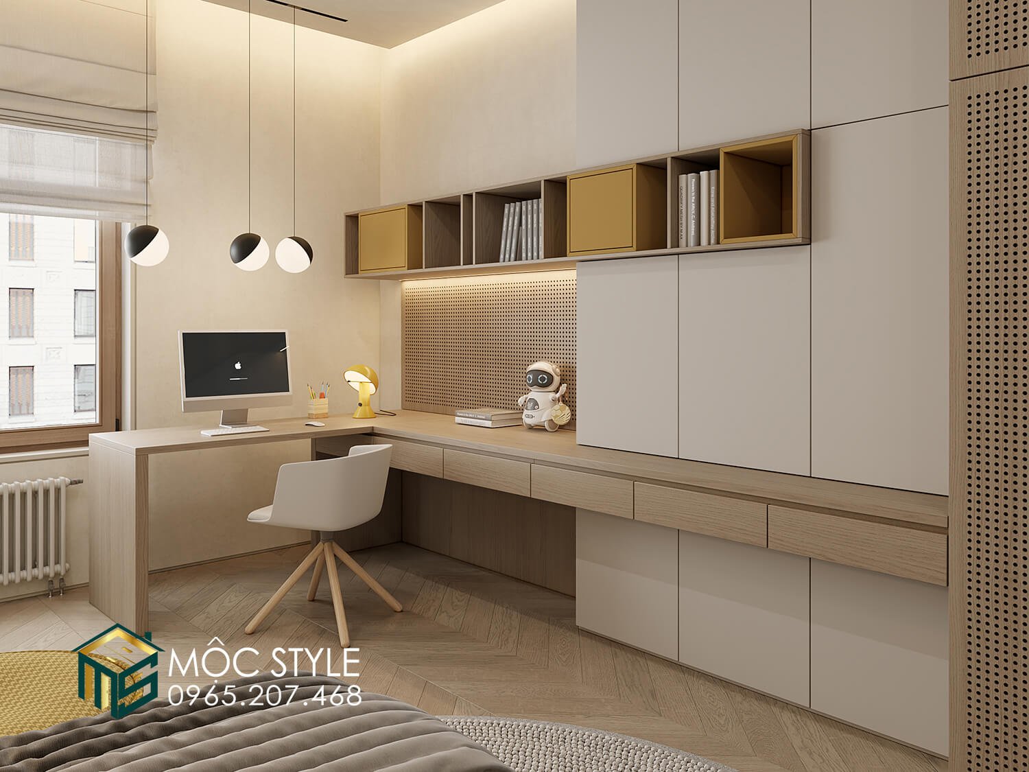 Tông màu trắng chủ đạo với màu vàng làm điểm nhấn Tông màu trắng chủ đạo với màu vàng làm điểm nhấn
