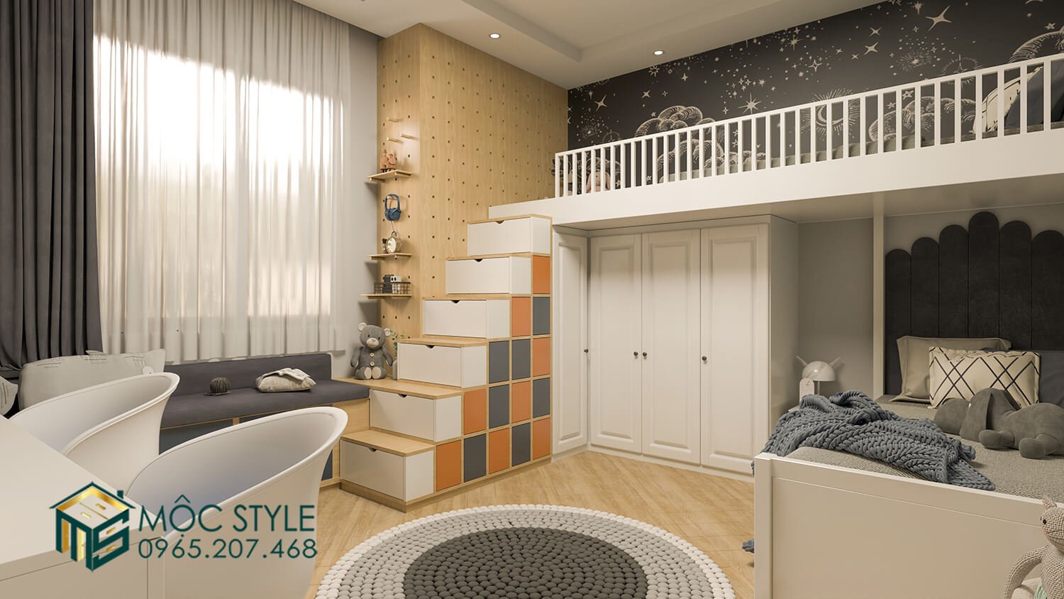 Không gian phòng ngủ với giường tầng rộng rãi