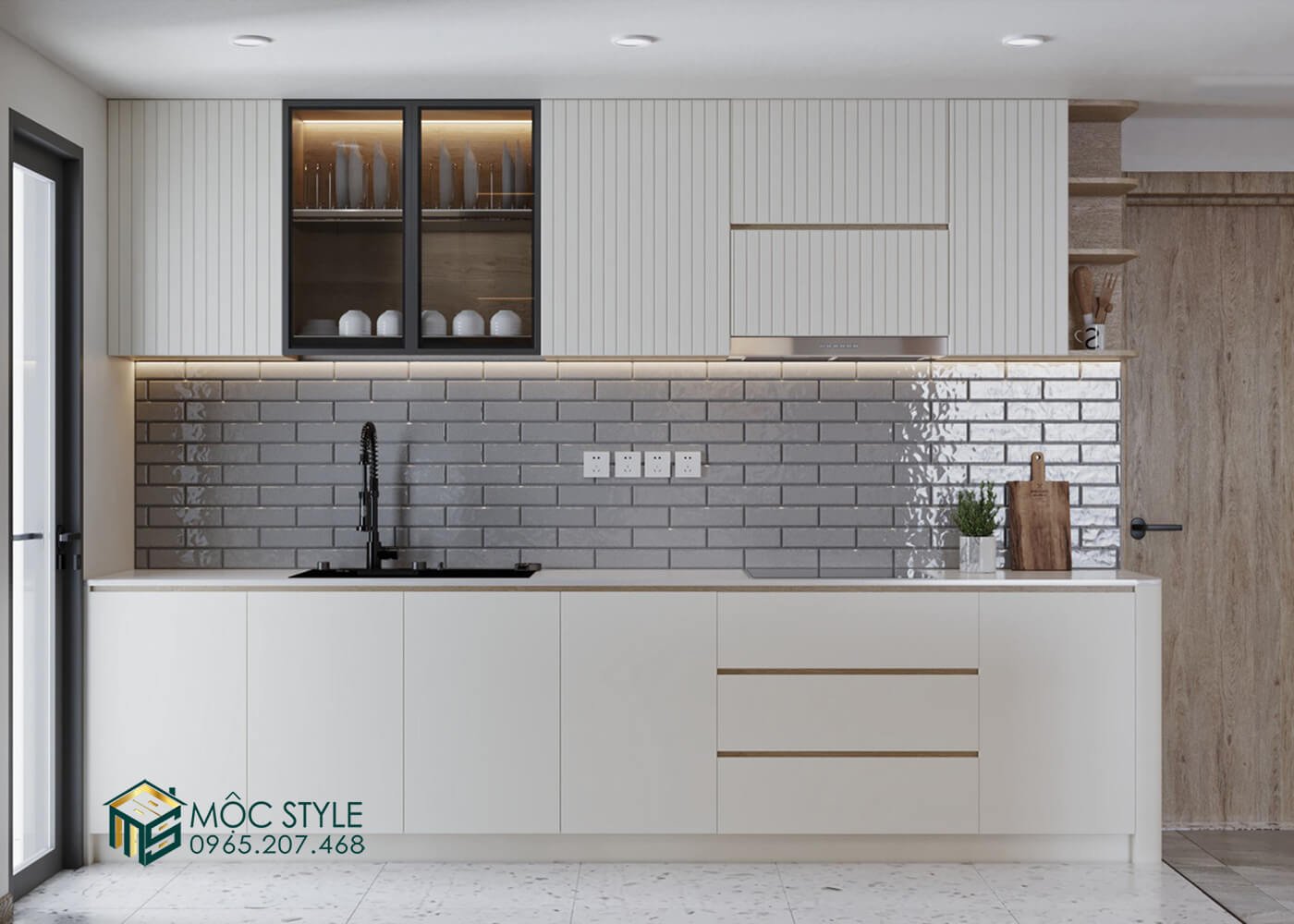 Tủ bếp nấu ăn thiết kế tông màu trắng thanh lịch Tủ bếp nấu ăn thiết kế tông màu trắng thanh lịch