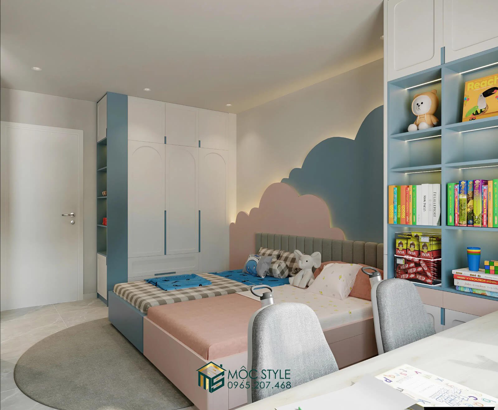 Phòng ngủ của 2 bạn nhỏ được nhấn màu trẻ trung